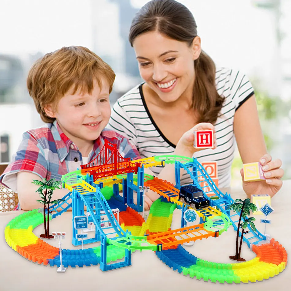 Railway Racing Track Play Set Educational DIY Bend Flexible Race Track Electronic Flash LED Light Car Toys For Children remote control boats