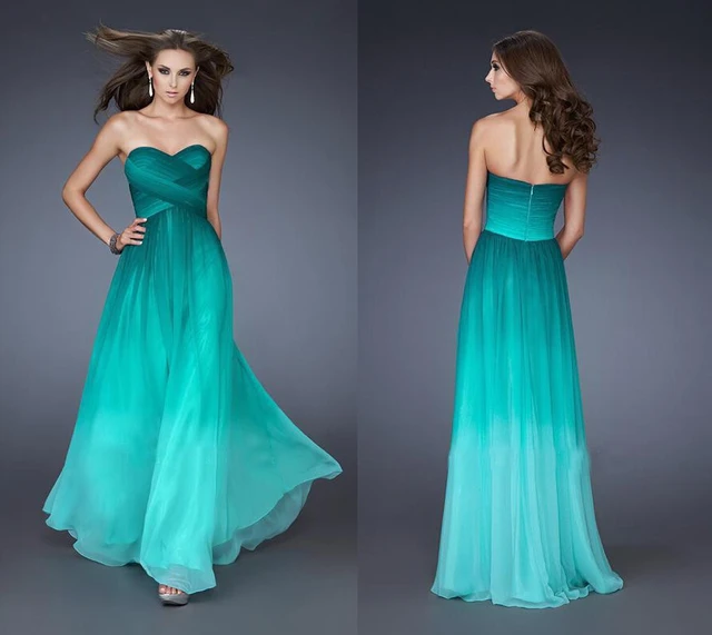New Design Ombre Peacock Green Chiffon Prom Dresses Strapless A line