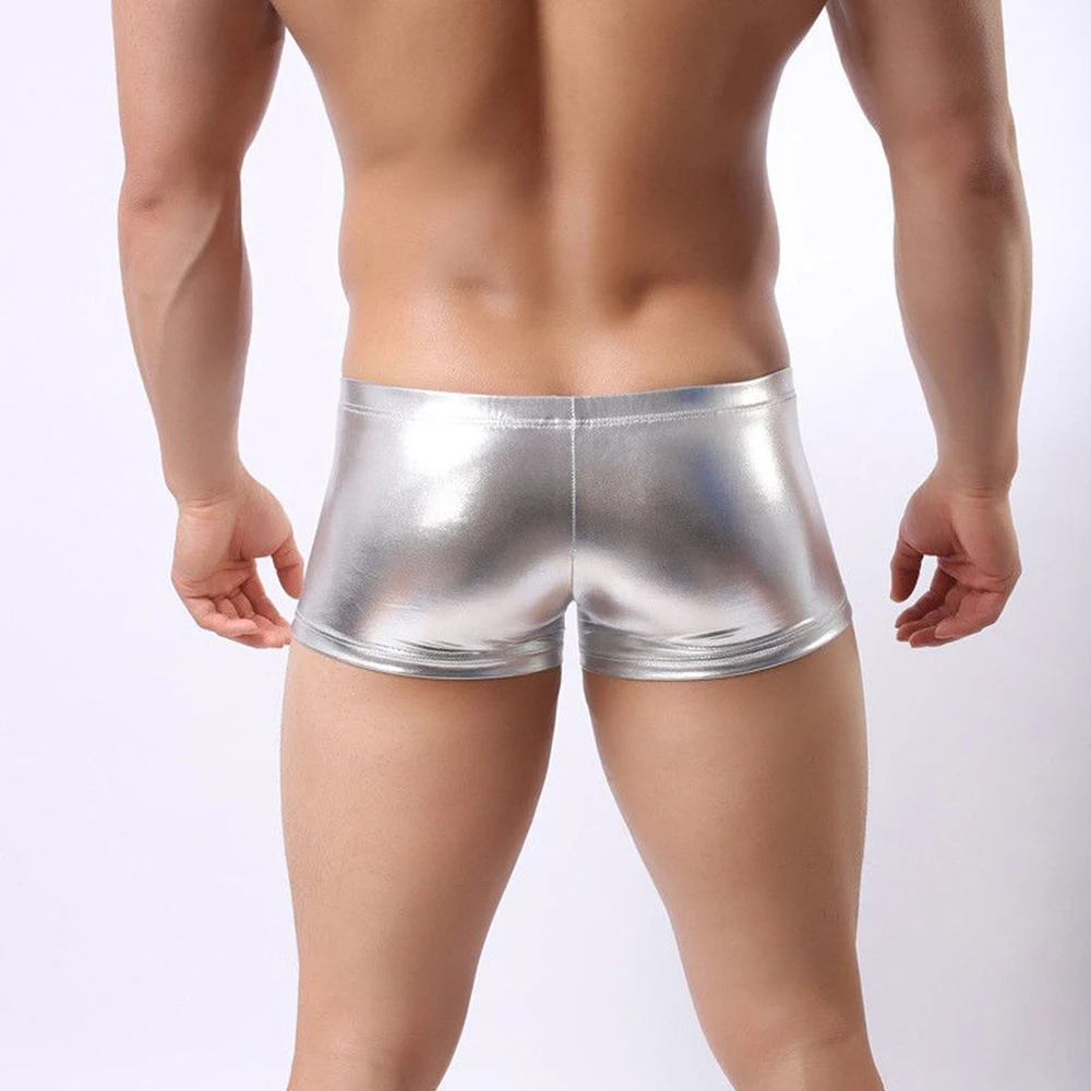 Sexy Faux Leather Underwear Men U Convex Pouch Panties Boxers Shorts Gay Underpants Erotic Black Silver Gold Lingerie 2019 Hot