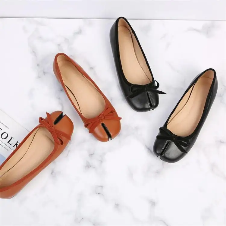chocolat Luxe En Orteil Zapatos Chic Appartements Bowtie Souple Caoutchouc Cuir Chaussures Divisé Talons Noir Femmes Brun Sur Plates Confortables Glissement Noir 6yYgfb7