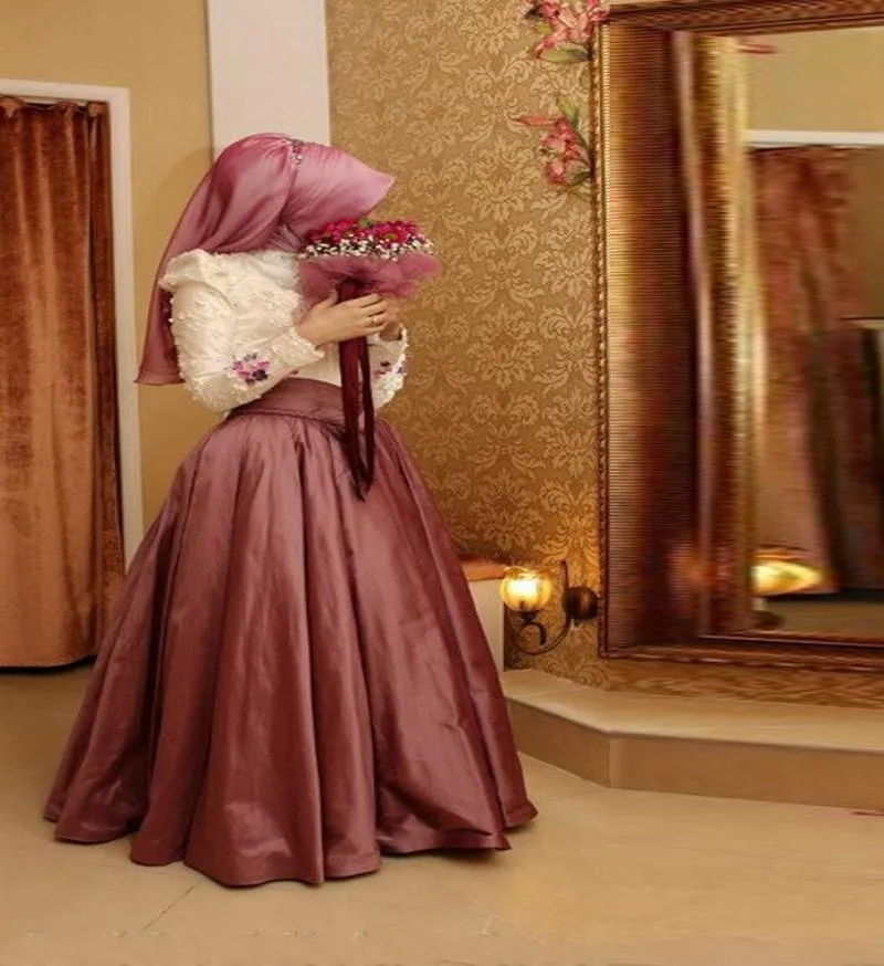 Islamic Wedding Dresses With font b Hijab b font Long Sleeves Pearl Beading A Line Muslim
