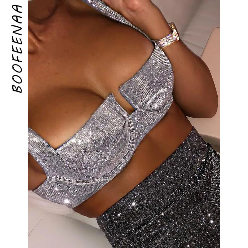 

BOOFEENAA Silver Lurex Sparkly Sexy Crop Tops Party Clubwear Festival Bandage Bralette Tank Top Women Fashion 2019 C66-H05