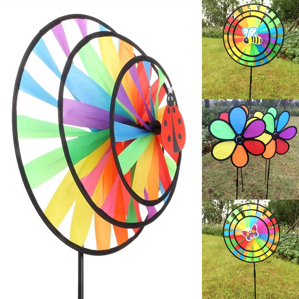 

New Rainbow Colorful windmill Outdoor garden decoration Triple Circles Flower Wind Spinner Round Pinwheel Kids Childrens Toys