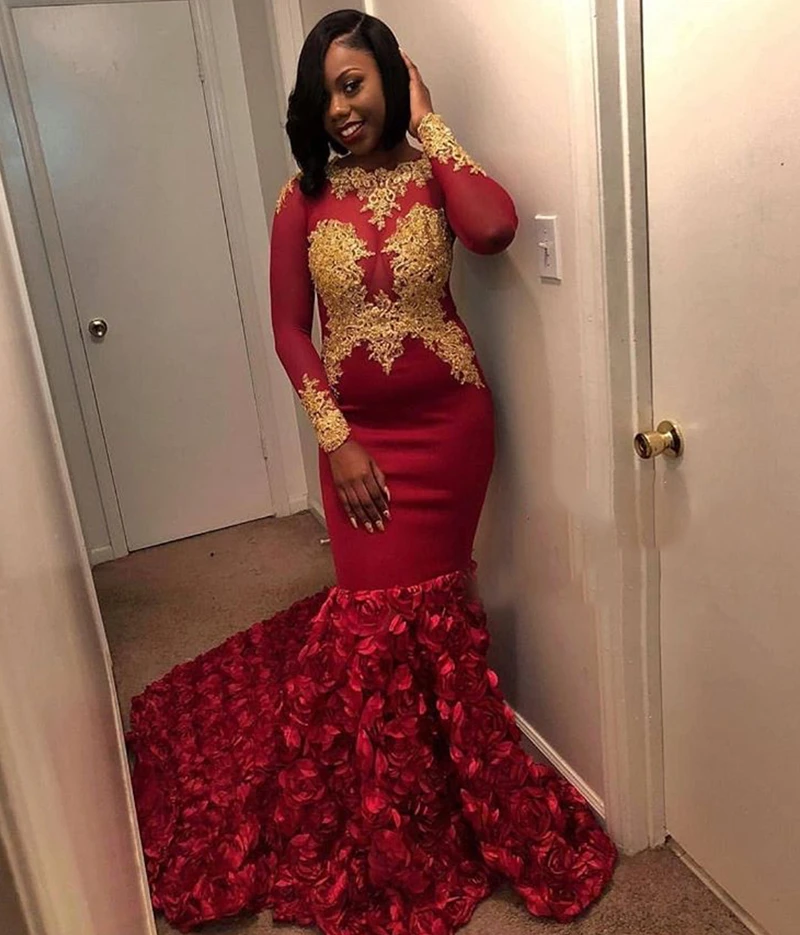 

2019 Burgundy Mermaid Prom Dresses With Gold Lace Long Sleeves 3D Rose Flowers Formal Party Dresses Evening Wear DP0066