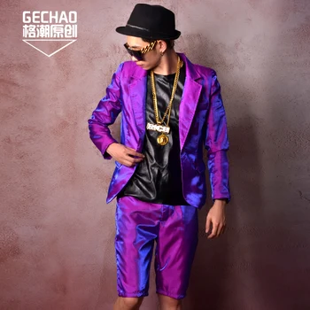 

M-XXXL 2018 men's clothing hair stylist Purple colorful suit silk England suits star nightclub bar stage singer DJDS costumes