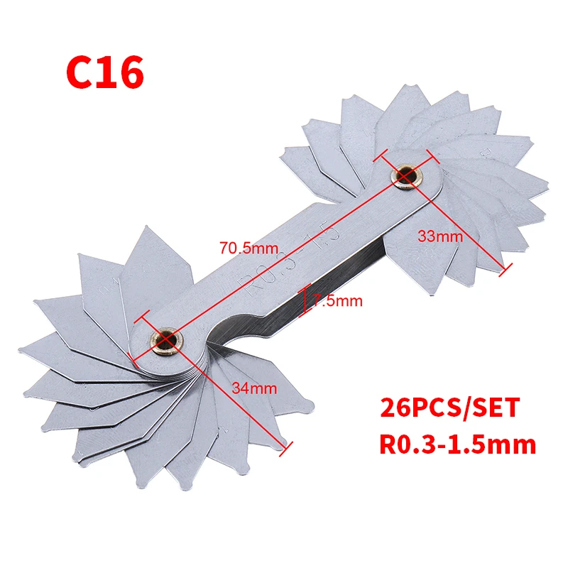 32pcs/set Measuring Gage Stainless Steel Radius Gauge Sample R Gauge with 1-6.5 Blades Range for In