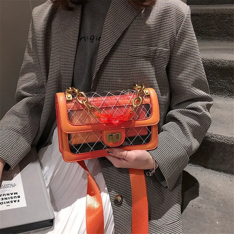 

2019 New Diamond Lattice Chain Shoulder Messenger Bags Clear Transparent PVC Women Clutch Purses