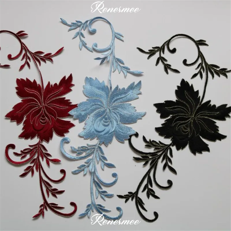 1Pc Long Floral White Black Blue Applique Clothing Embroidery Patch Fabric Sticker Iron On Patch Craft Sewing Repair 42X16cm