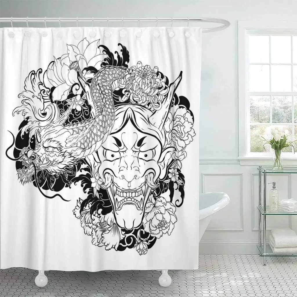 Fabric Shower Curtain Japanese Demon Mask with Lotus Chrysanthemum Peony and Cherry Flower