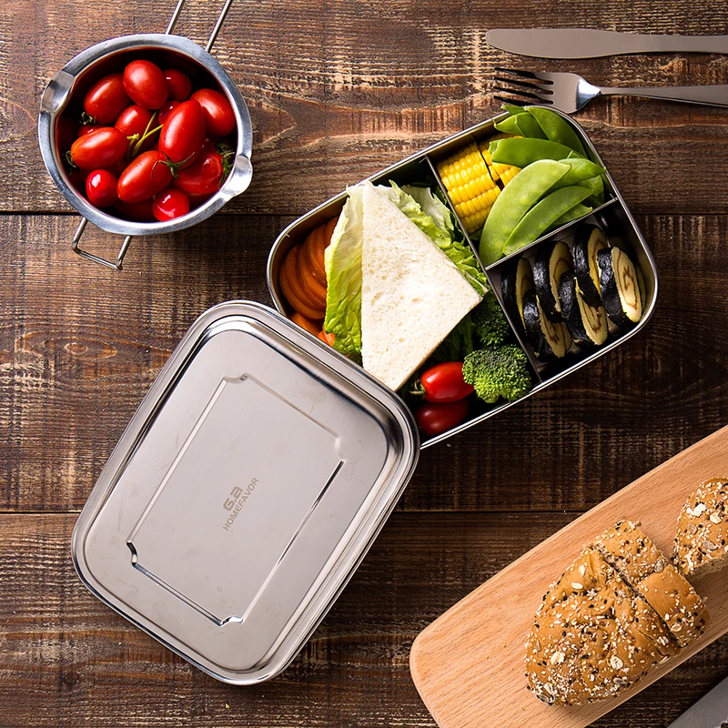 

304 Stainless Steel Lunch Box With 3 Compartments Food Container Fruit Bento Box Kitchen Snack Storage Box