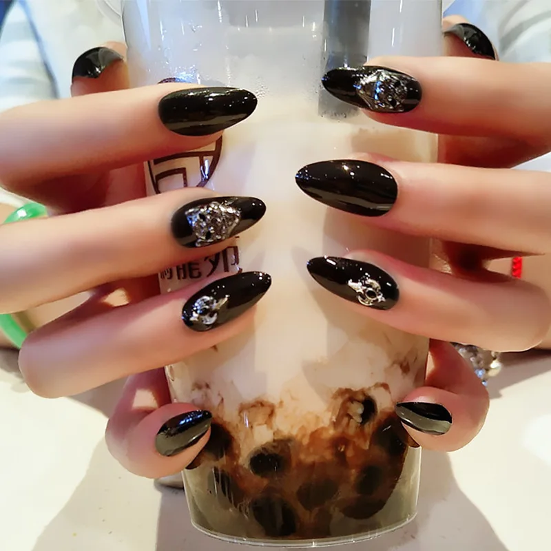 

24pcs Manicure Tool Fashion Leopard Head Decor Black Extensions Sexy False Nail Patches Long Smooth Full Cover Nail Tips