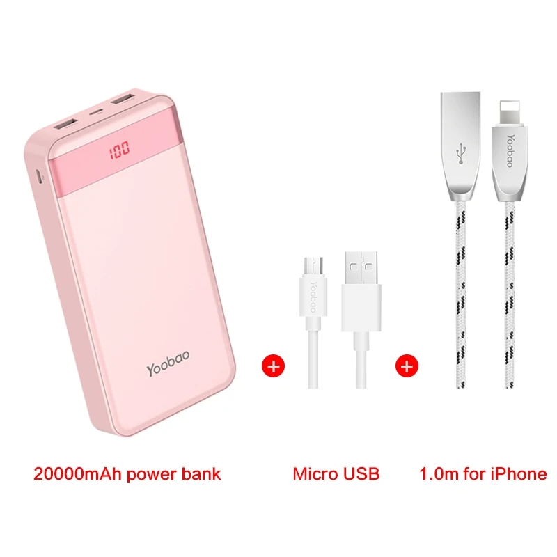 Yoobao внешний аккумулятор 20000 мАч 2 USB быстрая зарядка портативный внешний аккумулятор для iPhone X 8 7 6 5 4 Внешний аккумулятор для Xiaomi Mi A1 Макс телефонов - Цвет: Pink add cable