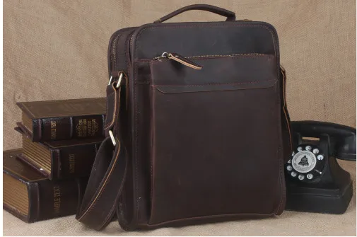 Vertical Real Genuine Leather Bags Tote Organizer Bag For Men Crazy Horse Leather Cross Body Messenger Bag Vintage Wild Style