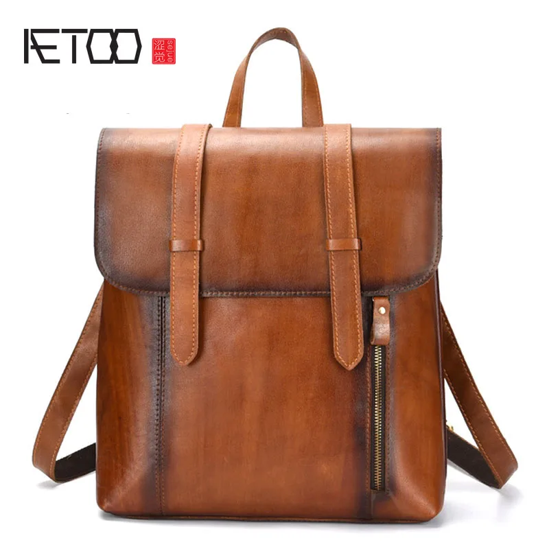 

AETOO Leather cowhide retro hand-brushed shoulder bag men's vegetable tanned layer leather travel large capacity backpack