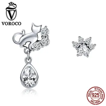 

VOROCO Real 100% 925 Sterling Silver Cute Cat&Dog Footprints Stud Earring For Woman Girl Clear Crystal Party Fine Jewelry BKE424
