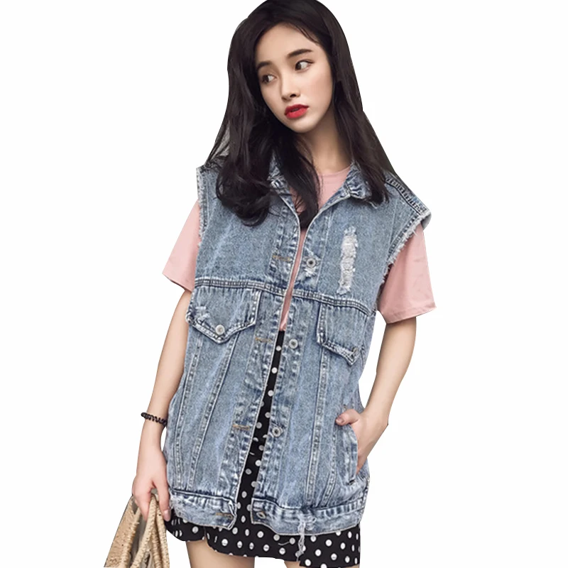 

Rlyaeiz Spring Denim Women's Vest 2019 Summer Fashion Sweet Hole Water Washing Denim Vest Basic Sleeveless Jeans Jackets Coats