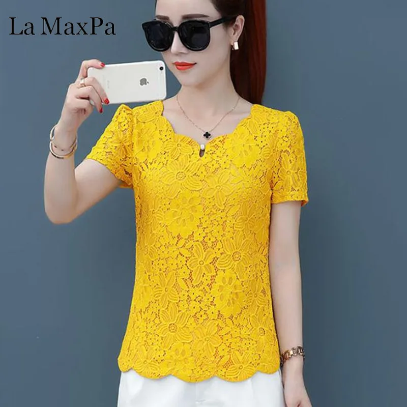 

La MaxPa O Neck Tops blusas feminina korean 2019 New Summer women vestidos sweet loose Short sleeve yellow lace shirts female