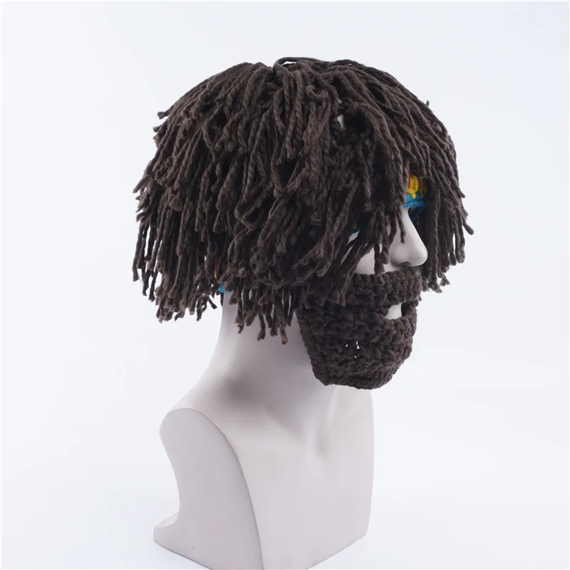 Wig Beard Hat  Caveman Bandana Handmade Crocheted Winter Men's Halloween Costume Funny Birthday Gifts