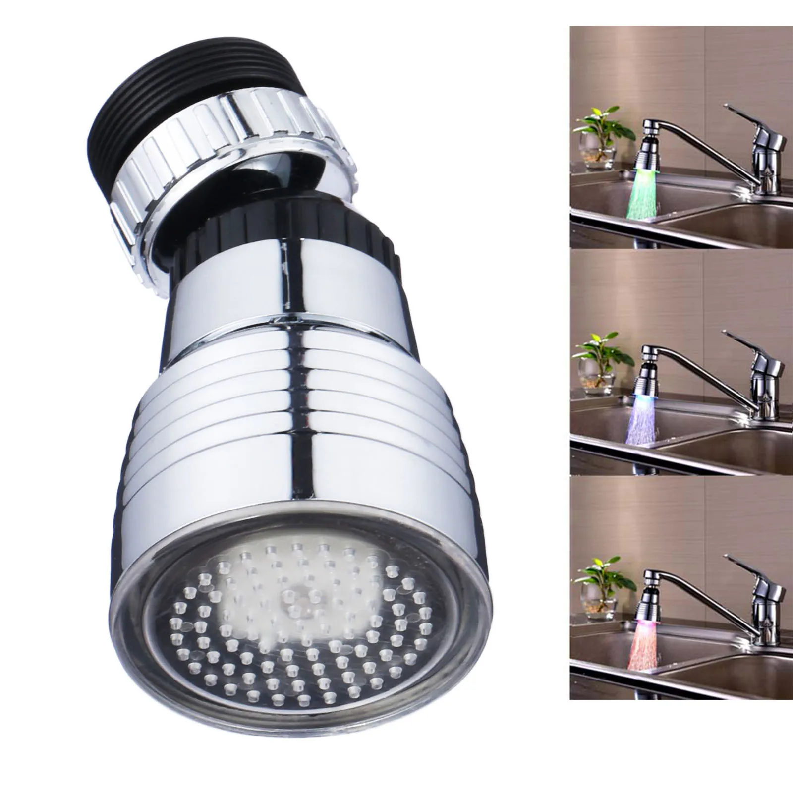 360 Degree Rotation Color Automatical Shower Hydroelectric Power Temperature Sensor Light Water Tap Glow LED Faucet for Kitchen