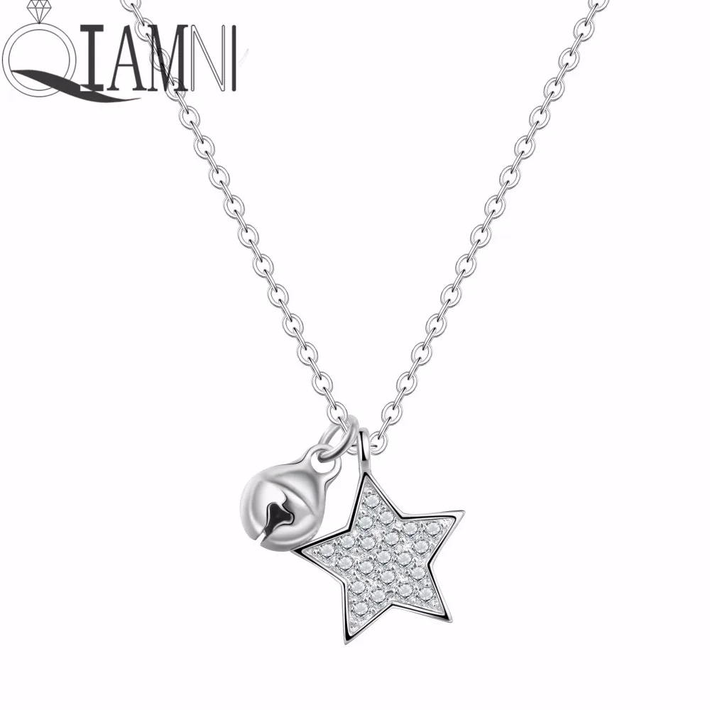 

QIAMNI Shiny Zircon Star Bell Statement Collares Necklaces 925 Sterling Silver Chain Pendants Jewelry Friend Birthday Gift