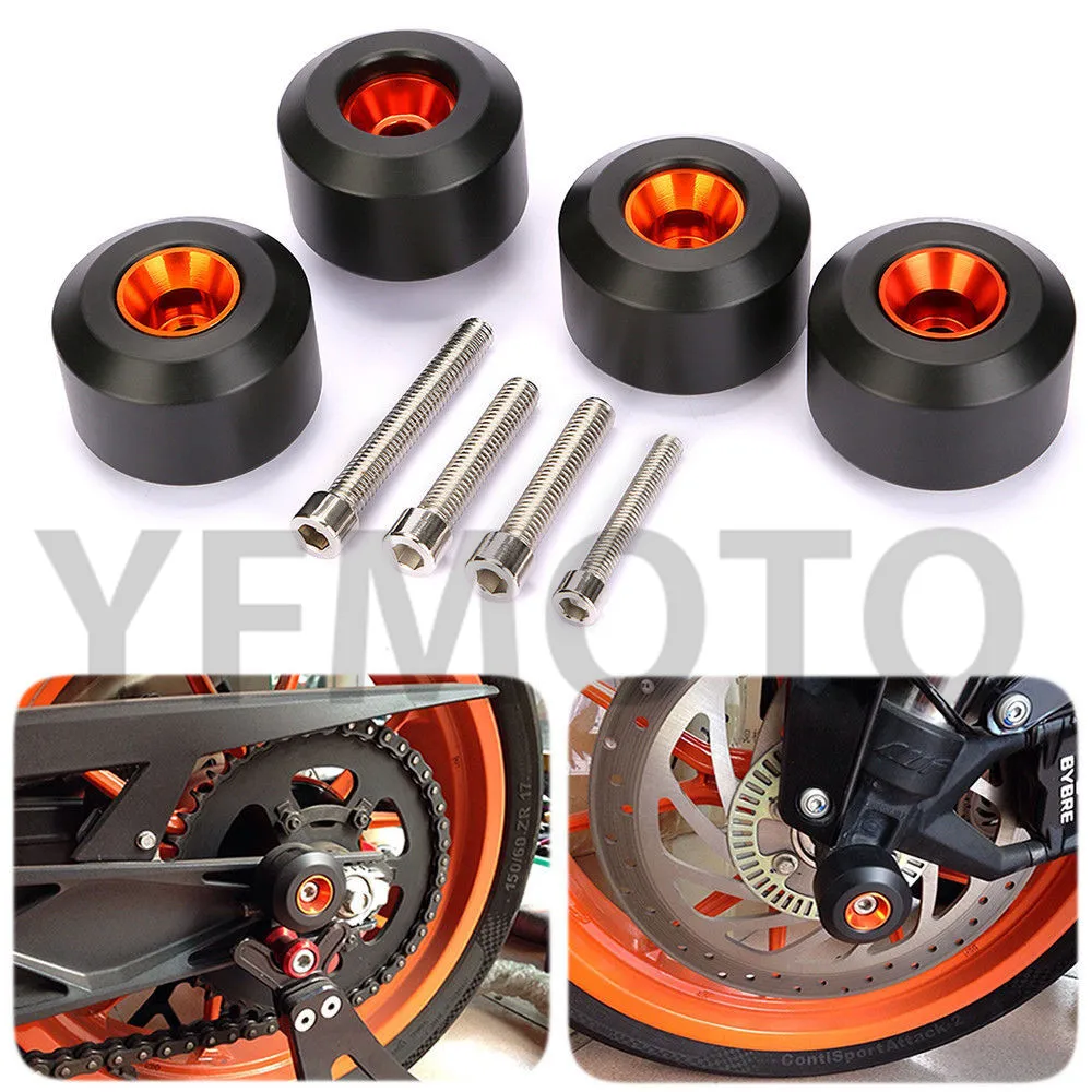 Motorcycle Front & Rear Fork Wheel Frame Slider Crash Pad Protector For KTM RC 125/ 200/ 390 2014 2015 pair 12mm billet cnc motorcycle front rear wheel axle fork frame slider crash pad protector cover for suzuki kawasaki 7 color
