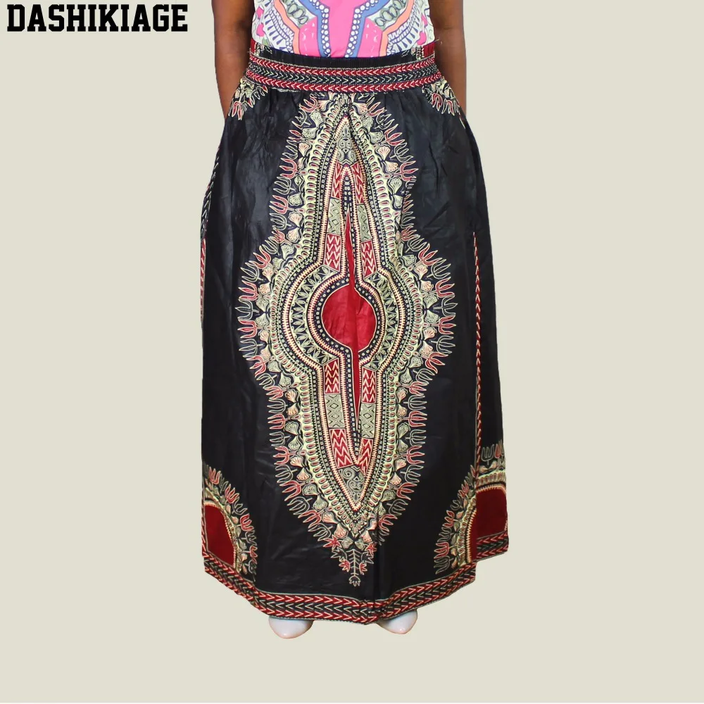 Java Wax Cotton African Dashiki Black Pockets Autumn Skirt High Waist