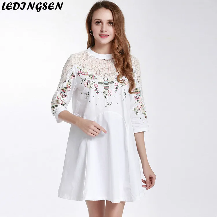

LEDINGSEN 2019 Spring Short Sleeve White Lace Dress Sexy Floral Dresses Sexy O Neck Embroidery Mini Summer Dresses For Women