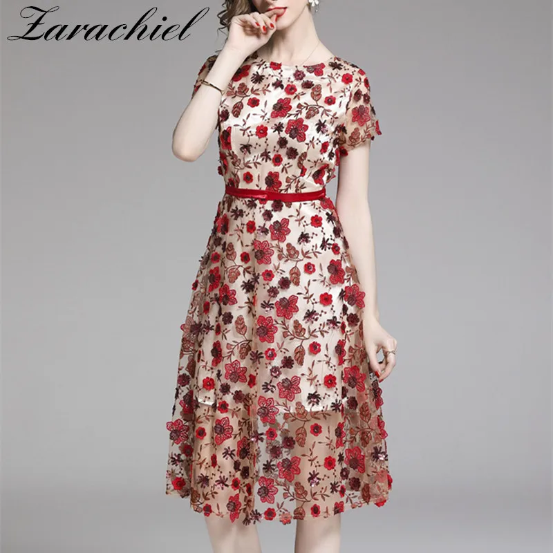 

Women Floral Embroidery Sequined Overlay Flower Party Dress 2019 Summer Sheer Mesh See-through Ladies Short Sleeve Midi Dress