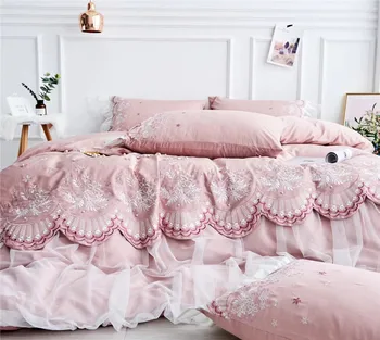 

Pink Luxury Embroidery 80S Egyptian cotton Princess Girl Bedding set Lace Edge Inlaid Beads Duvet Cover Bed sheet Pillowcases