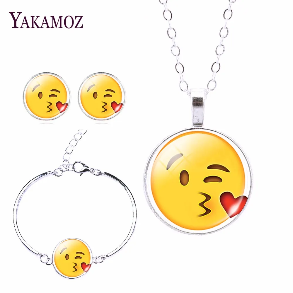 

2017 Fashion Jewelry Set Silver Color with Cute Emoji Pattern Necklace Earring and Bangle Jewelry Set for Women Gift