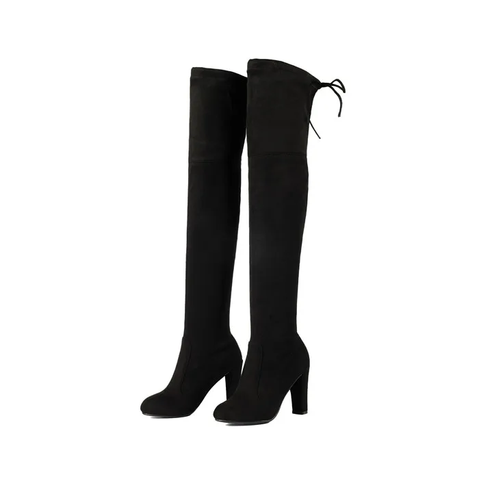 Meotina/Женская обувь Зимние ботфорты на высоком каблуке г. Пикантная Осенняя обувь из флока на шнуровке черные высокие сапоги на шпильке размер 42 - Цвет: Черный
