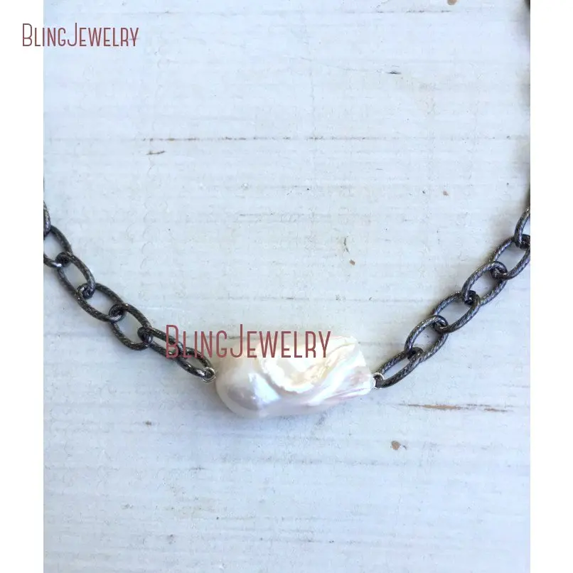 20181011-NM18366-white freshwater baroque pearl short necklace on oxidized silver plated chain