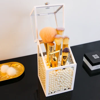 

Free Shipping Glass and Plastic Makeup Pencil Brushes Organizer Box With pearls Makeup Pen Brushes Storage Holder Case with lid