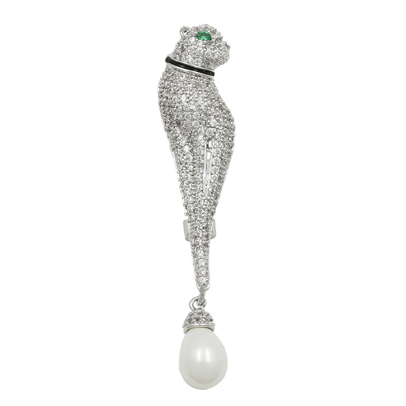 

Top Quality Cubic Zirconia CZ Green Eye Leopard Brooches with Imitation Pearl