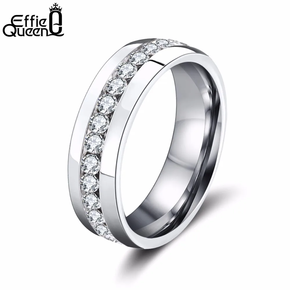 

Effie QueenStainless Steel Ring for Men Women Silver/Gold Color Couples Finger Ring Luxury Clear Shine Rhinestone Jewelry WTR19