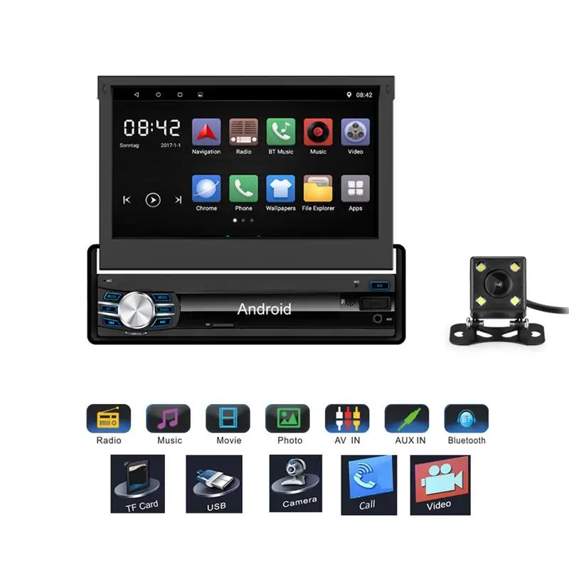 Clearance Retractable 7" 1 DIN Android 6.0 1080P Autoradio GPS Bluetooth Navigation Car Stereo Player Fully Capacitive Touch Screen 1G/16G 5