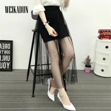 Летняя Женская Сексуальная кружевная сетчатая плиссированная юбка с бисером повседневная юбка из прозрачной ткани Открытая Длинная юбка-карандаш элегантная черно-белая юбка 46