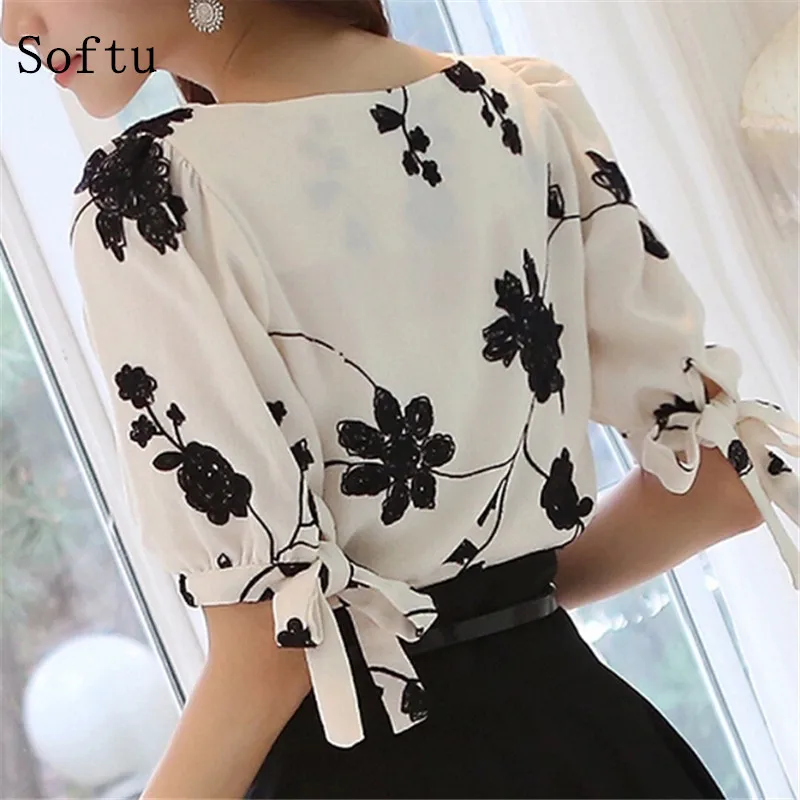 Softu Fashion Women's Blouse Summer Tops Chiffon Casual Women's Shirt O Neck Half Sleeve Floral Printing Female Blusas Clothing