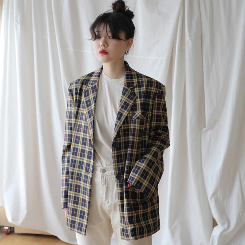 

South Korea 2019 New Spring and Summer Suit Coat Vintage Blazers Womens Blazer Casual Striped Cotton Blazer