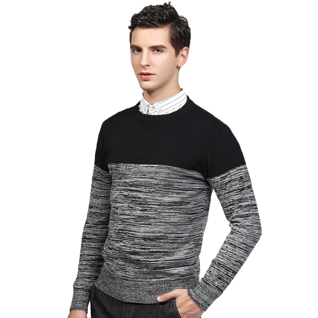 Men Casual Sweater O Neck Fashion Patchwork Pullover Long Sleeves ...