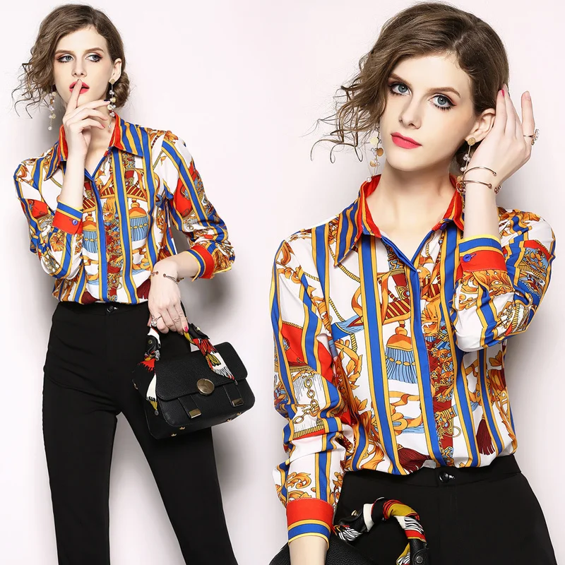 

2019 Spring Summer Fall Runway Vintage Print Collar Long Sleeve OL Turn-Down Neck Womens Party Casual Top Shirts Blouse