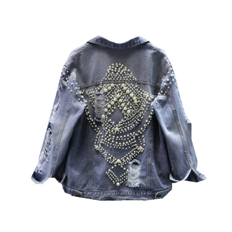 

Pearl Beading Denim Clothing For Women Spring Autumn Korean Denim Jacket For Woman Vintage Harajuku Coat Female loose Jeans Coat