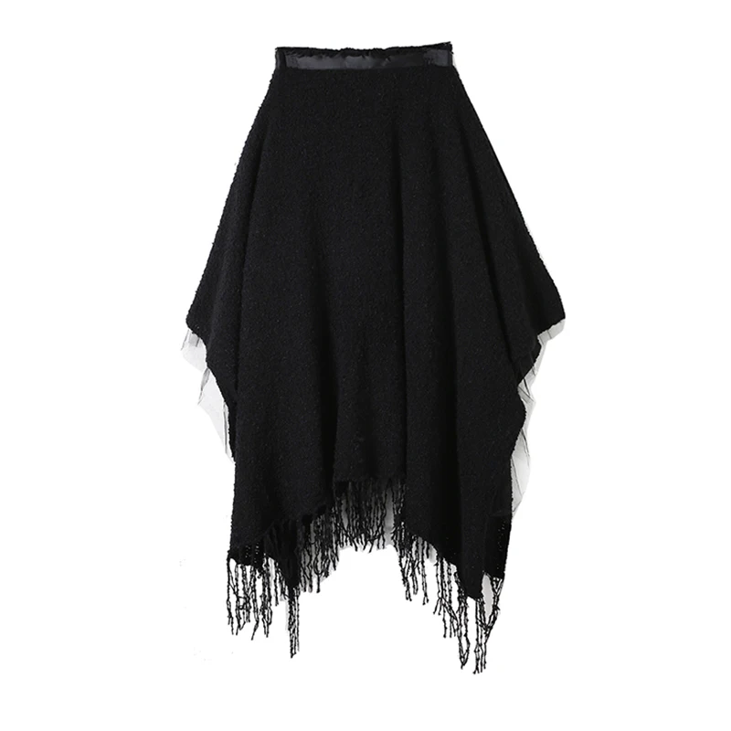 [EWQ] Новинка Осень Зима высокая эластичная талия черная свободная Асимметричная юбка с кисточками вязанная юбка средней длины Женская мода JK127 - Цвет: black