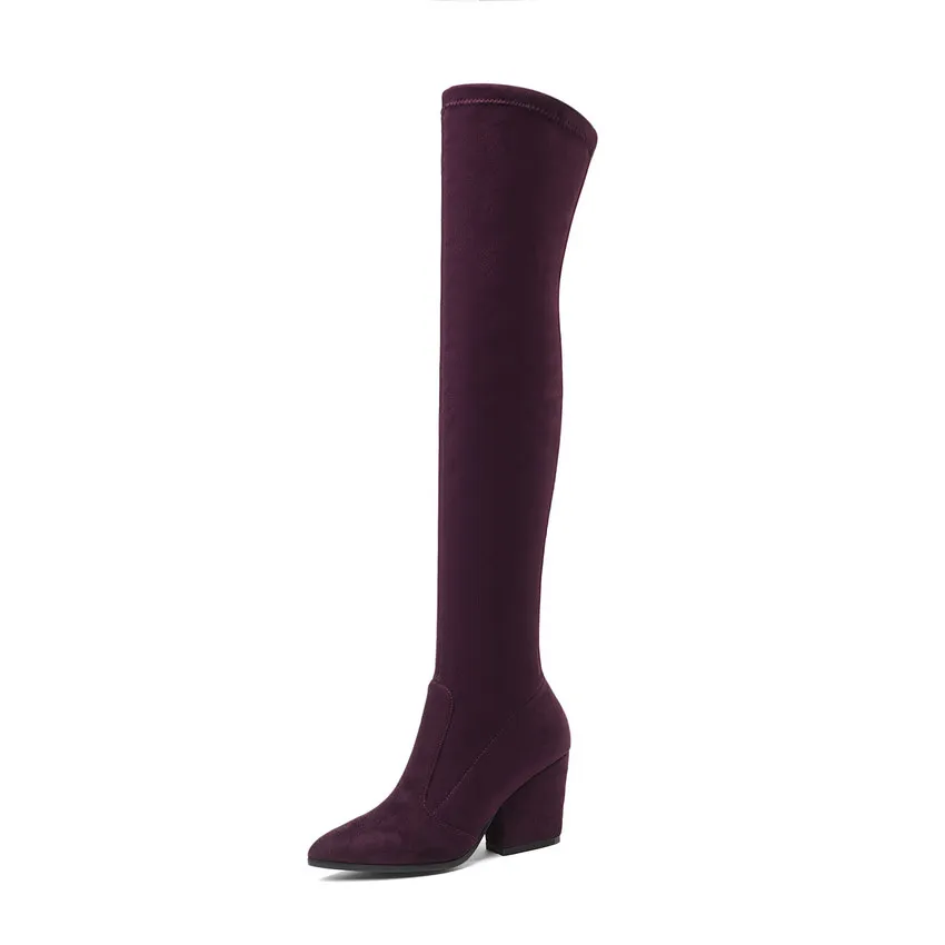 QUTAA г. Женские Сапоги выше колена зимняя обувь на толстом каблуке пикантные женские сапоги из эластичной ткани с острым носком размеры 34-43 - Цвет: Бордовый