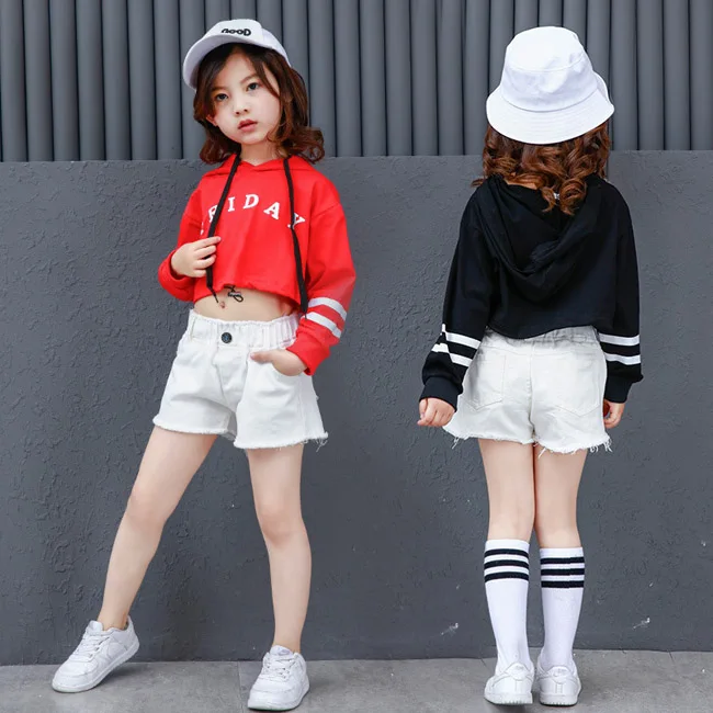 Красные, черные короткие толстовки с капюшоном для девочек, джинсовые шорты Одежда для танцев в стиле джаз, хип-хоп, для детей, для девочек-подростков, летние спортивные костюмы для мамы и дочки