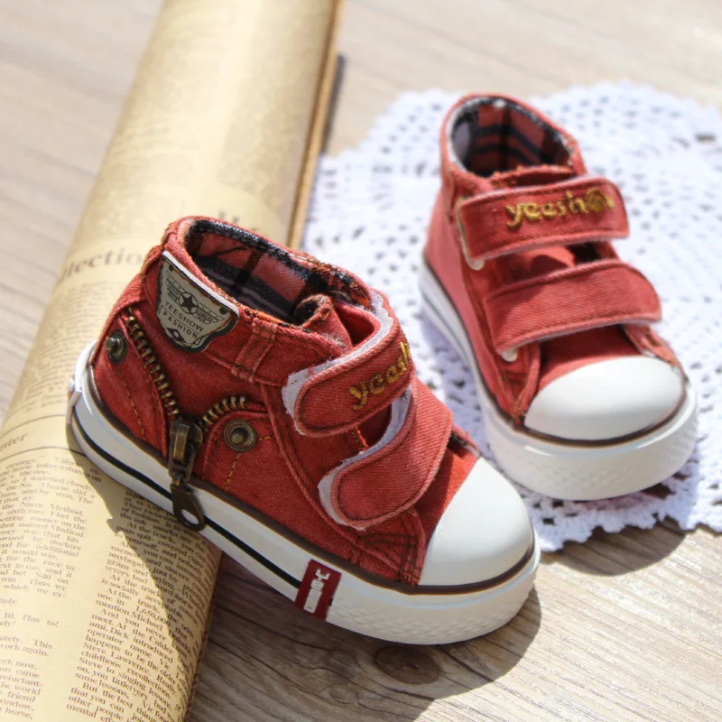 Джинсы; Джинсовая парусиновая детская обувь; Новинка года; спортивные дышащие высокие кроссовки для мальчиков; Брендовая детская обувь для девочек; обувь детские ботинки - Цвет: wine red