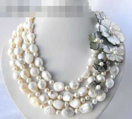 

0412 White Round Baroque Freshwater Pearl Shell Flower Necklace