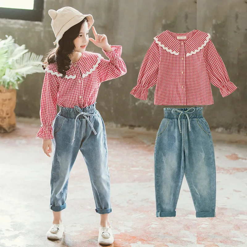 

2019 autumn children's clothing new girls lace plaid shirt jeans suit large children's two-piece sets