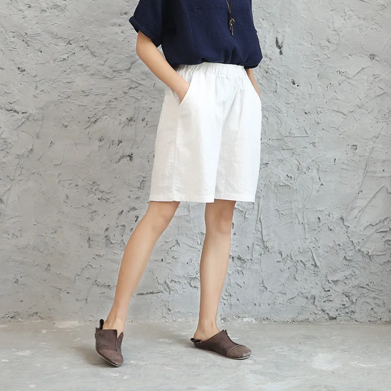 

Summer Woman Shorts 2019 Elastic High Waist 5 Points Short Pants Plus Size Linen Loose Shorts Feminino Harajuku White Shorts