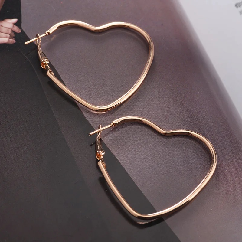 

Simple Style Golden Silver Metallic Heart OL Big Hoop Earrings for Women